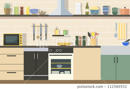 Flat Design of Kitchen in Restaurant with Kitchen Utensils and Storage Shelves 112560552