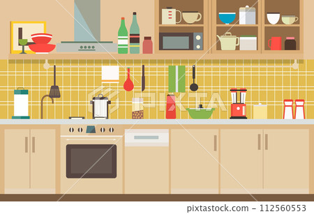 Flat Design of Kitchen in Restaurant with Kitchen Utensils and Storage Shelves Flat Design of Kitchen in Restaurant with Kitchen Utensils and Storage Shelves 112560553