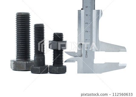 Caliper measure bolts with hexagonal heads on white Caliper measure bolts with hexagonal heads on white 112560633
