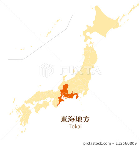 Tokai region in the Japanese archipelago and each prefecture in the Tokai region Tokai region in the Japanese archipelago and each prefecture in the Tokai region 112560809