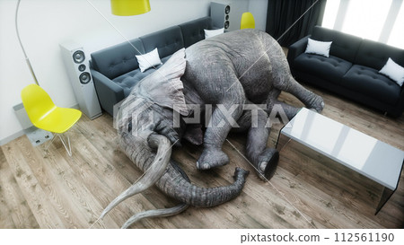 funny elephant sleeping in room. 3d rendering. 112561190