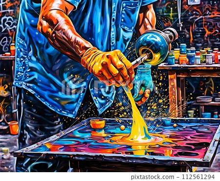 AI-generated content. Man Pouring Yellow Liquid on Table. Generative AI 112561294