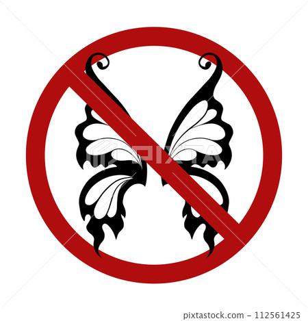Vector prohibition sign with silhouette of fairy wings. Flying elves are banned. It is forbidden to play pranks. E 112561425