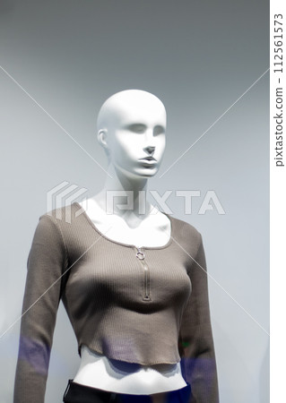 Female mannequin in gray jacket close up Female mannequin in gray jacket close up 112561573