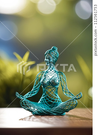 AI-generated content. Woman in yoga pose, bent wire figure on nature backdrop, Creative figures symbol of yoga and harmony, art and serenity intersection. Female fitness yoga routine concept. Healthy AI-generated content. Woman in yoga pose, bent wire figure on nature backdrop, Creative figures symbol of yoga and harmony, art and serenity intersection. Female fitness yoga routine concept. Healthy 112561753