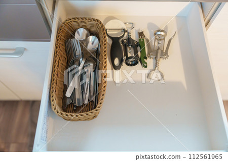 Stainless Forks, Spoons and wine bottle opener in apartment or Home. Kitchenware, dinnerware, lifestyle domestic concept Stainless Forks, Spoons and wine bottle opener in apartment or Home. Kitchenware, dinnerware, lifestyle domestic concept 112561965