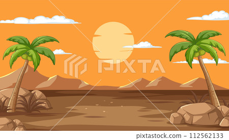 Desert Oasis at Sunset Illustration 112562133