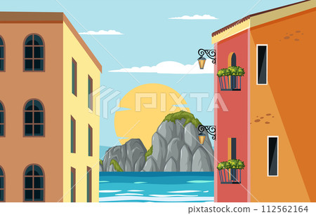 Coastal Town at Sunset Illustration 112562164