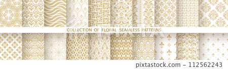Geometric floral set of seamless patterns. White and golden vector backgrounds. Damask graphic ornaments Geometric floral set of seamless patterns. White and golden vector backgrounds. Damask graphic ornaments 112562243