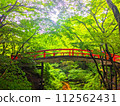 Panoramic view of Kawaka Bridge with beautiful fresh green and red colors 112562431