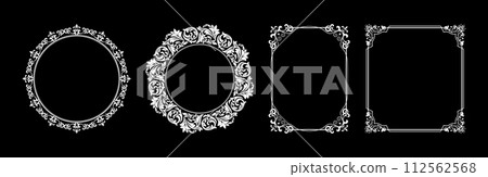 Set of decorative frames Elegant vector element for design in Eastern style, place for text. Floral black and white borders. Lace illustration for invitations and greeting cards. 112562568