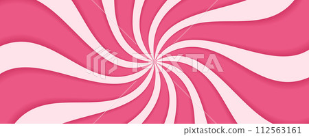 Pink swirl candy background. Sweet strawberry ice cream pattern. Spiral sunburst wallpaper. Cartoon marshmallow and lollipop texture. Radial striped vortex for psychedelic groovy design. Vector 112563161