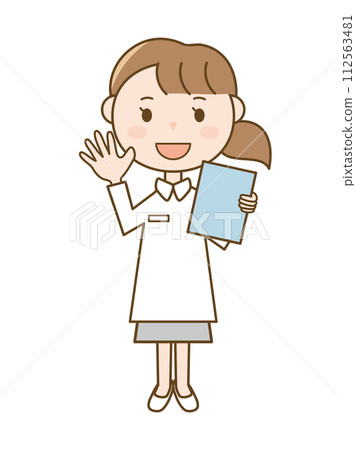 護士拿著病歷打招呼_穿白大褂的女人的全身插圖 護士拿著病歷打招呼_穿白大褂的女人的全身插圖 112563481