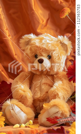 Teddy bear and flowers in autumn season, closeup of photo 112563783
