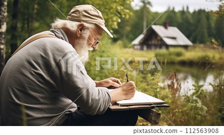 Elderly man sketches landscape in his trusty sketchbook.AI Generated 112563908