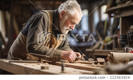 Senior man enjoys woodworking workshop, crafting with precision.AI Generated Senior man enjoys woodworking workshop, crafting with precision.AI Generated 112563924