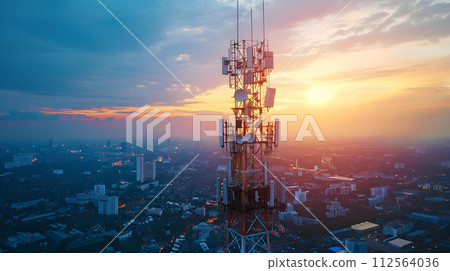 Telecommunication tower with beautiful sunset sky,3d rendering. Computer digital drawing. 112564036