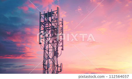 Telecommunication tower with beautiful sunset sky,3d rendering. Computer digital drawing. 112564037