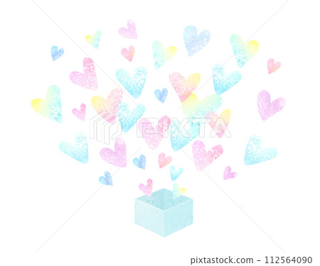 Watercolor illustration of many colorful hearts popping out of a box 112564090