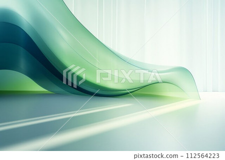 Colorful abstract template. A space with green waves with a transparent glass texture on a white background. AI generated image 112564223