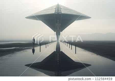 An alien saucer hovering in the sky. Unidentified flying object. alien invasion. By generative Ai 112564459