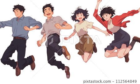Illustration of young men and women jumping (AI generated image) Illustration of young men and women jumping (AI generated image) 112564849