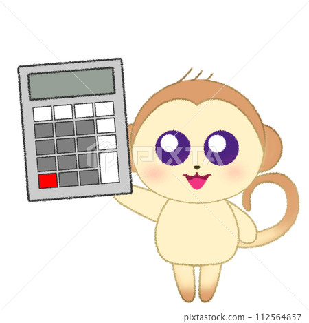 一隻猴子舉起手並拿著計算機的蠟筆插圖 一隻猴子舉起手並拿著計算機的蠟筆插圖 112564857