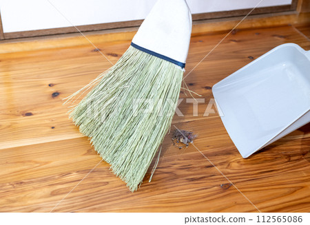 A scene where garbage collected using a bunka broom is placed on a dustpan. A scene where garbage collected using a bunka broom is placed on a dustpan. 112565086