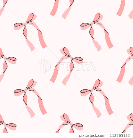 Cute coquette pattern seamless pink ribbon bow. Cute feminine romantic background for textile, fabric, wallpaper, wrapping. 112565123