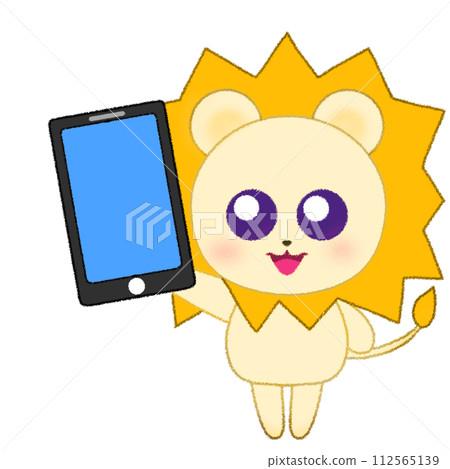 獅子舉起手並拿著智慧型手機的蠟筆插圖 112565139