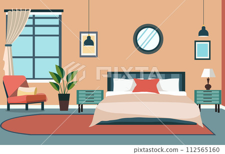 Flat Design of Bedroom Interior with Bed Furniture and Window in Home 112565160