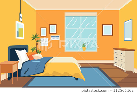 Flat Design of Bedroom Interior with Bed Furniture and Window in Home 112565162