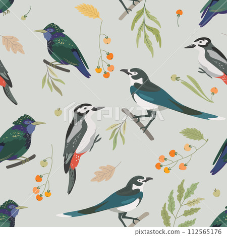 Seamless pattern with forest birds, leaves, berry 112565176