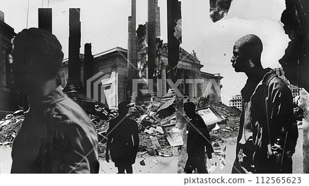 Group of people in front of an abandoned ancient columns. Contemporary art collage Group of people in front of an abandoned ancient columns. Contemporary art collage 112565623
