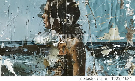 Beautiful woman with black hair and reflection in water. Contemporary art collage. Beautiful woman with black hair and reflection in water. Contemporary art collage. 112565624