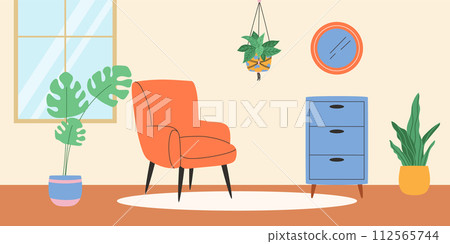 Interior of cozy room with window and plants. Vector illustration. Interior of cozy room with window and plants. Vector illustration. 112565744