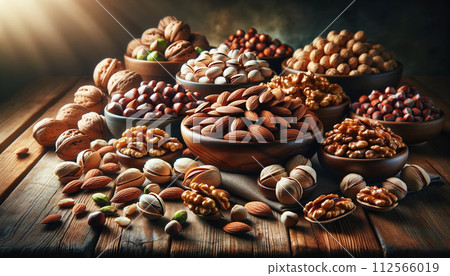Healthy and delicious nuts, almonds, walnuts, cashews, macadamia beans, pistachios, chestnuts, pine nuts, peanuts, walnuts, mixed nuts, superfoods 112566019