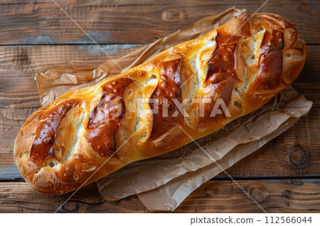 Bagutte on wooden table background ,top view, AI generated 112566044