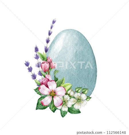 Easter painted egg with spring flower decor. Watercolor illustration. Hand drawn Festive traditional colored egg decoration with apple flowers, lavender. Easter tender decor element. White background Easter painted egg with spring flower decor. Watercolor illustration. Hand drawn Festive traditional colored egg decoration with apple flowers, lavender. Easter tender decor element. White background 112566148