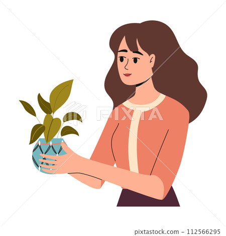 Happy woman with a flower pot in her hands. Urban gardening. Vector illustration. 112566295