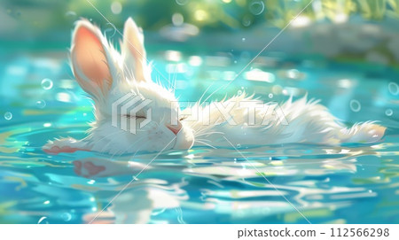 Cute white rabbit swimming in the water. Cute white rabbit swimming in the water. 112566298