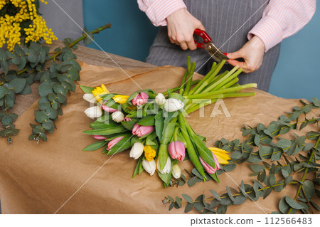 girl florist collects a bouquet of spring tulip flowers on a clean blue background girl florist collects a bouquet of spring tulip flowers on a clean blue background 112566483