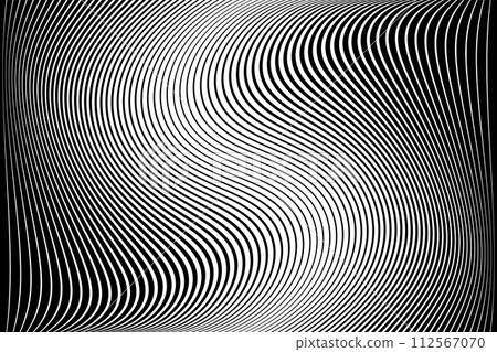 Abstract Halftone Black and White Wavy Lines Textured Background with 3D Illusion and Twisting Movement Effect. Vector Op Art Illustration. 112567070