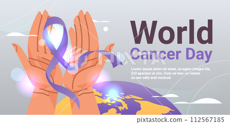 human hands holding purple ribbon world cancer day breast disease awareness prevention poster 4 february human hands holding purple ribbon world cancer day breast disease awareness prevention poster 4 february 112567185
