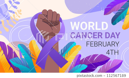 human hand holding purple ribbons world cancer day breast disease awareness prevention poster 4 february horizontal 112567189
