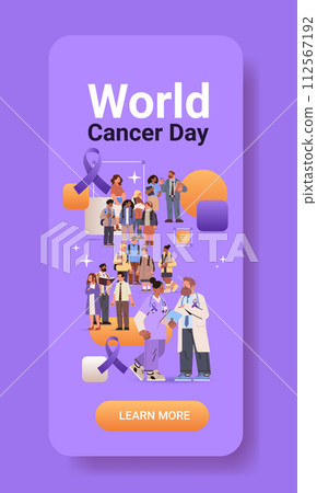 doctors and people standing together with purple ribbons world cancer day breast disease awareness prevention poster 4 february 112567192