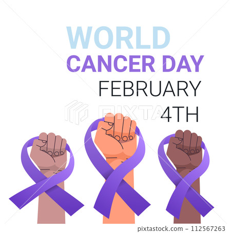 mix race human hands holding purple ribbons world cancer day breast disease awareness prevention poster 4 february 112567263