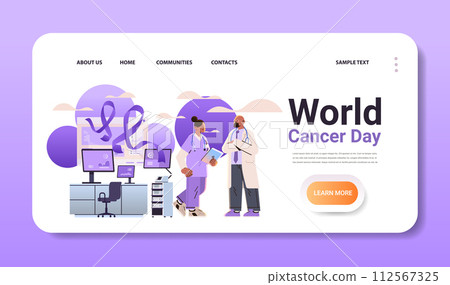 doctors or researchers in uniform working in lab with purple ribbon world cancer day breast disease awareness prevention poster doctors or researchers in uniform working in lab with purple ribbon world cancer day breast disease awareness prevention poster 112567325