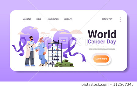 doctors or researchers in uniform working in lab with purple ribbon world cancer day breast disease awareness prevention poster doctors or researchers in uniform working in lab with purple ribbon world cancer day breast disease awareness prevention poster 112567343