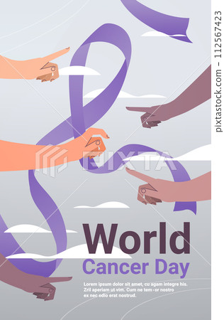 mix race human hand pointing finger on purple ribbon world cancer day breast disease awareness prevention poster 4 february v 112567423